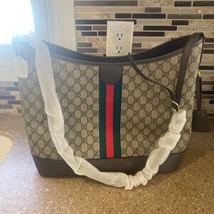 Gucci Beige and Dark Brown Shoulder Bag with Green and Red Stripe